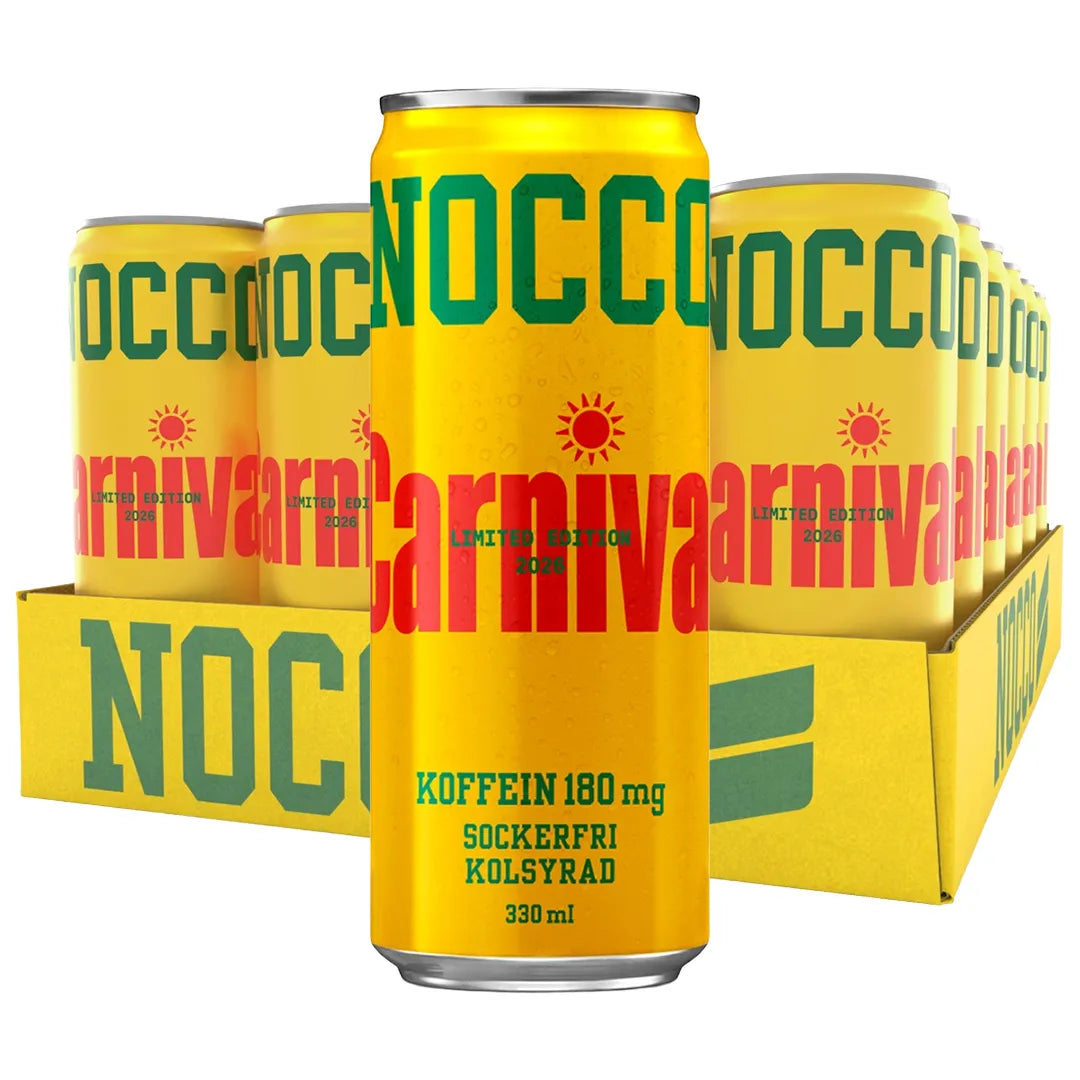 24 x NOCCO BCAA 330 ml Carnival -laatikko täynnä keltaisia energiajuomatölkkejä punavihreällä tekstillä., kuva 1/1