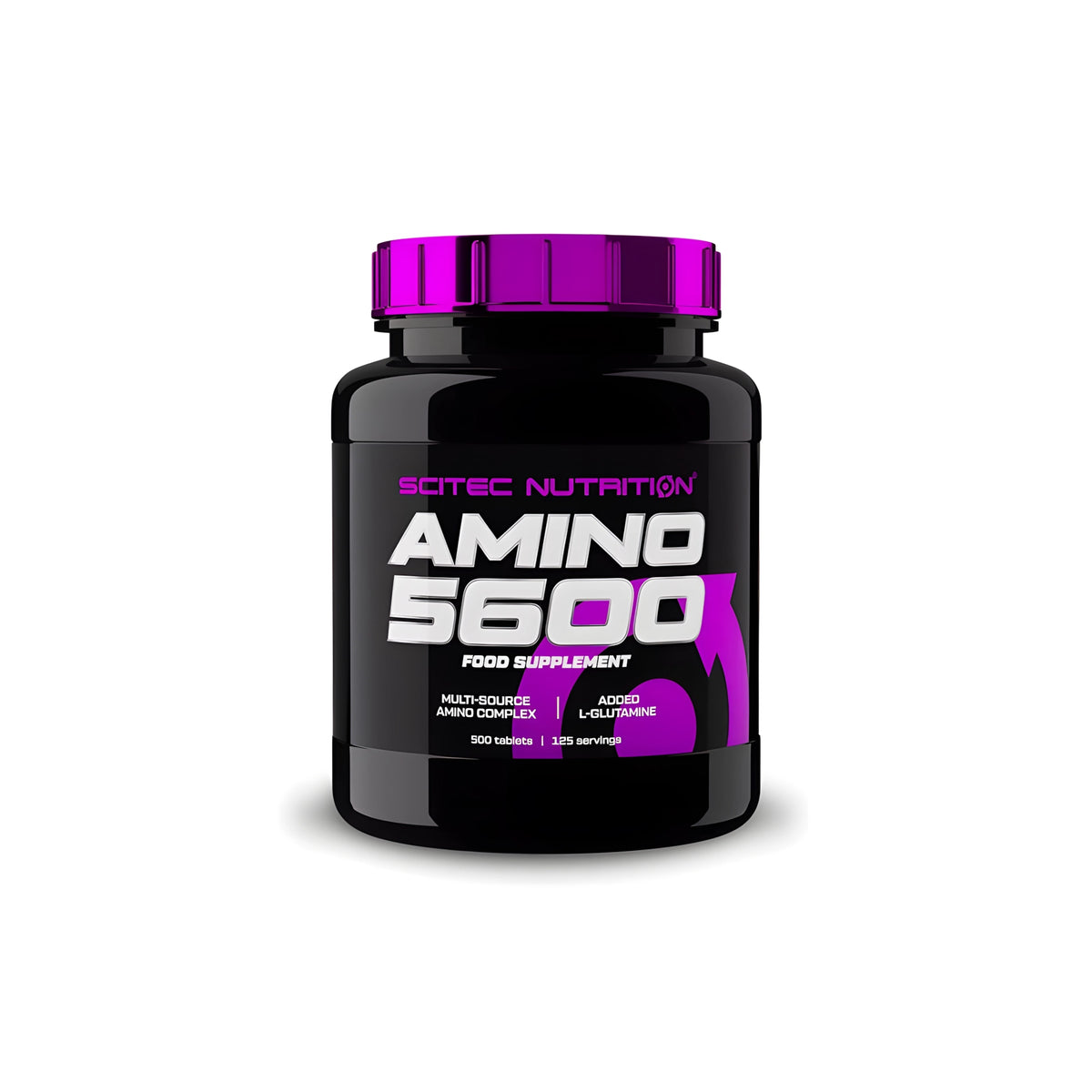 Scitec Nutrition Amino 5600 500 tabs -aminohappotabletit mustassa purkissa liiloilla yksityiskohdilla.