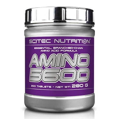 Scitec Nutrition Amino 5600 1000 tabs -aminohappotabletit hopeanharmaassa purkissa, jossa on liila etiketti., kuva 1/1