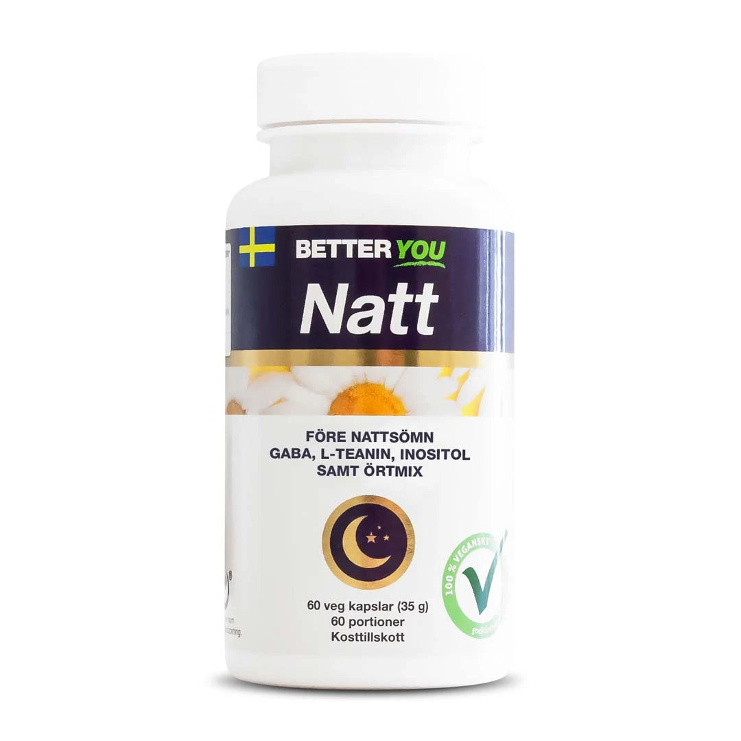 Better You Natt 60 caps -ravintolisä yöuneen valkoisessa purkissa sinisillä yksityiskohdilla., kuva 1/1