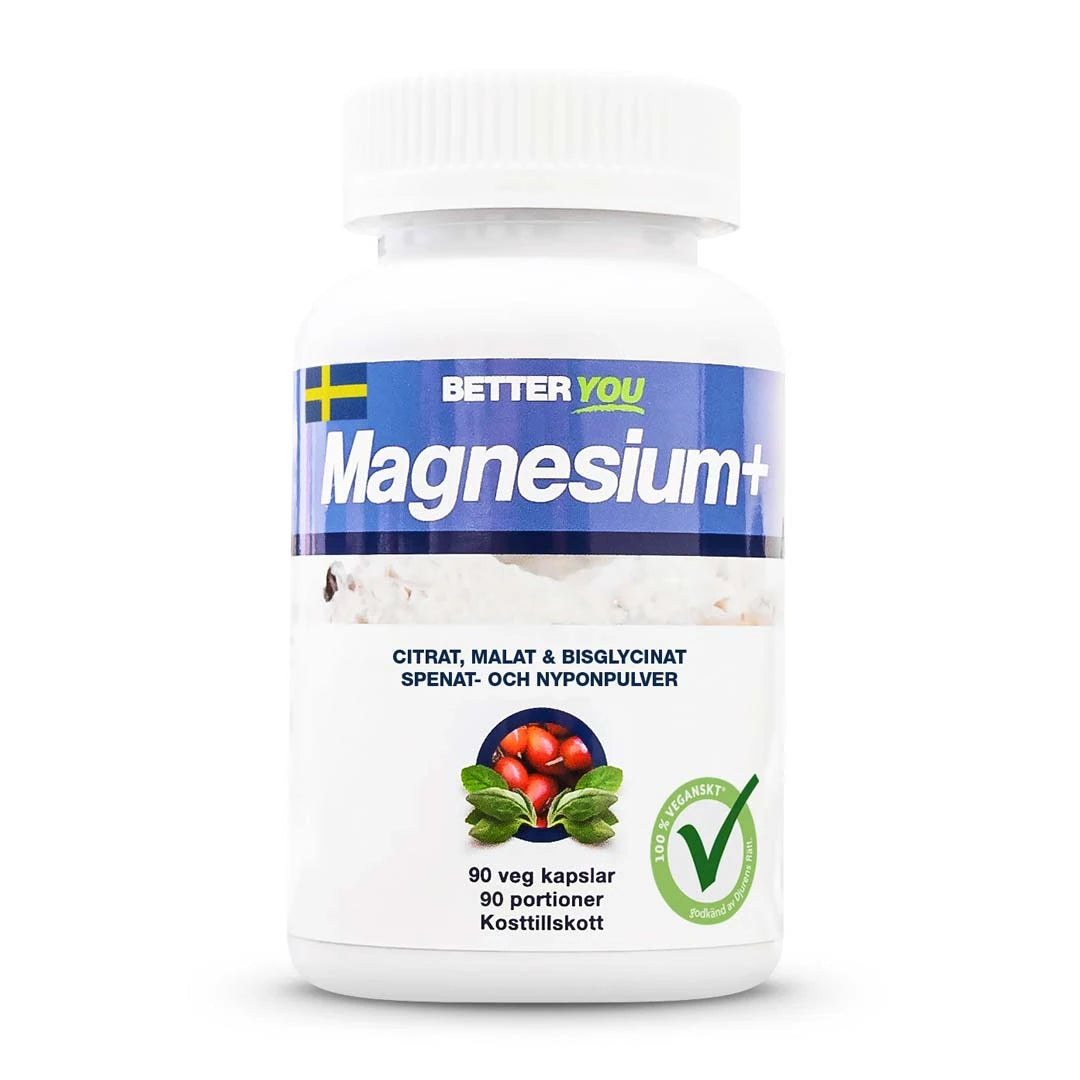 Better You Magnesium Plus 90 caps -ravintolisä valkoisessa purkissa sinivalkoisella etiketillä ja vegaanilogolla., kuva 1/1