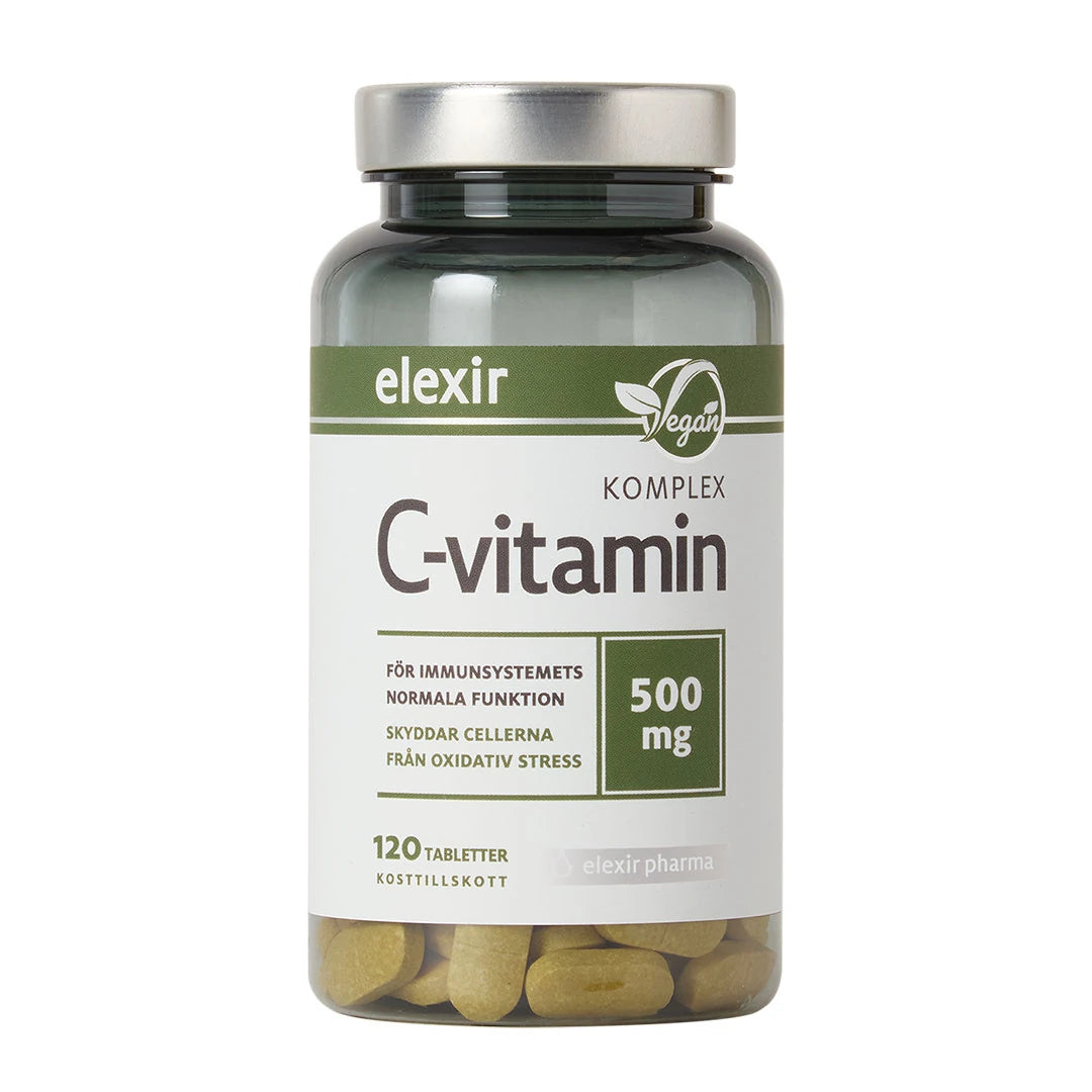 Elexir Pharma C-Vitamin Komplex 120 tabs, vegaaniset vitamiinit tummassa purkissa valkoisella etiketillä ja hopeakannella., kuva 1/1