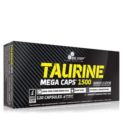 Olimp Taurine Mega caps 120 caps -aminohappolisä mustassa pahvipakkauksessa keltaisilla ja valkoisilla yksityiskohdilla., kuva 1/1