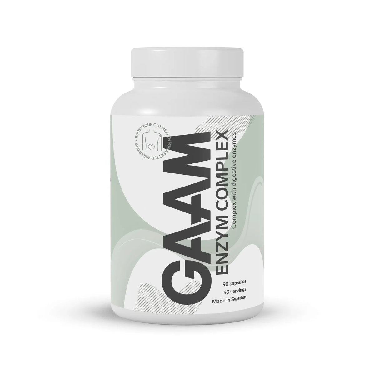 GAAM Enzym Complex 90 caps -ravintolisä vatsan terveydelle valkoisessa purkissa vihreillä ja harmailla yksityiskohdilla., kuva 1/1