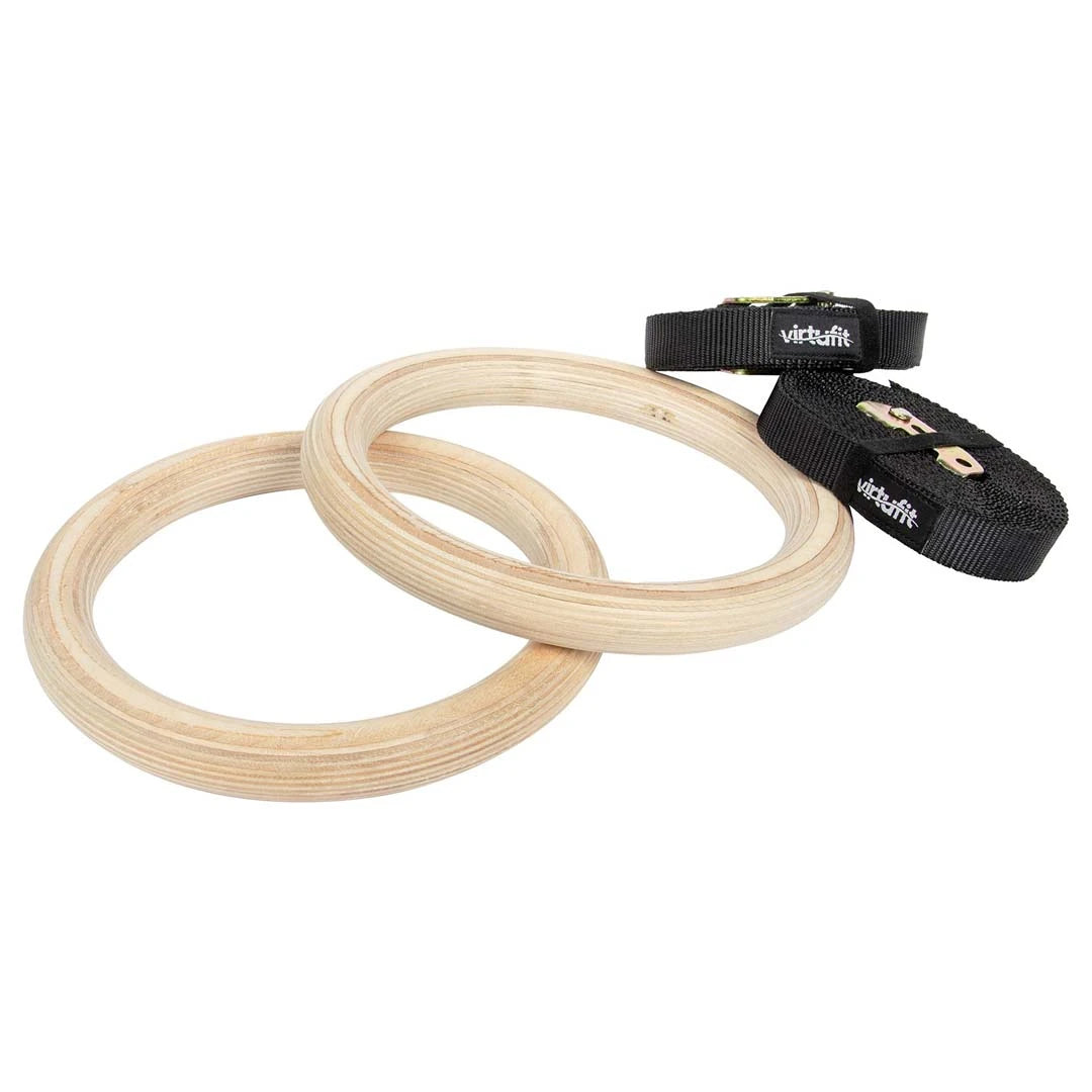 Virtufit Gymnastic Gym Rings vaaleasta puusta mustilla nailonhihnoilla joustavaan kotitreeniin., kuva 1/1