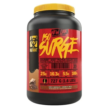 Mutant Nutrition ISO Surge 2.27 kg -proteiinijauhe mustassa purkissa, jossa on punainen etiketti ja keltainen kansi., kuva 1/1