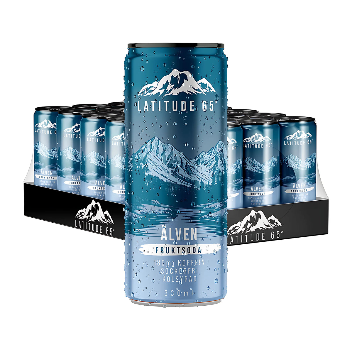 24 x Latitude 65 330 ml Älven - Fruktsoda 24 kappaleen pakkauksessa, jossa on sinisiä hiilihapotettuja juomatölkkejä vuoristokuviolla., kuva 1/1