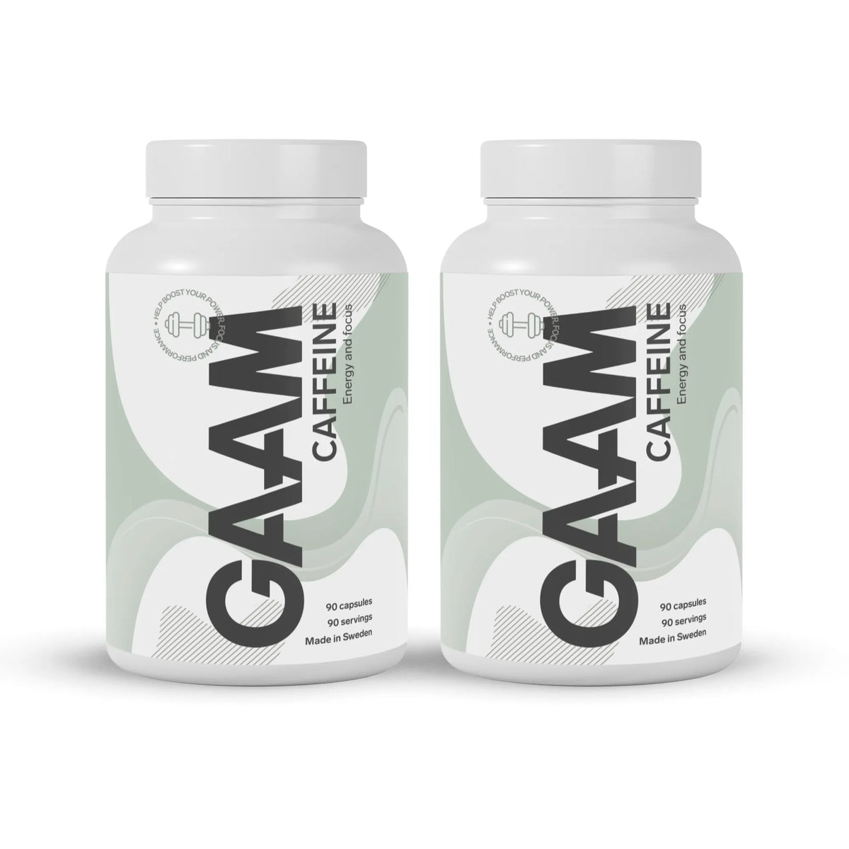2 x GAAM Caffeine 90 tabs kahdessa valkoisessa purkissa, joiden etiketissä on harmaita ja vaaleanvihreitä yksityiskohtia.