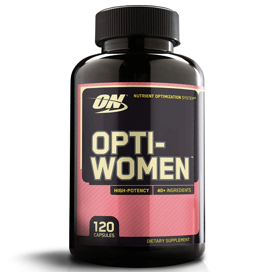 Optimum Nutrition Opti-Women 120 tabs -naisten monivitamiini mustassa purkissa, jossa on pinkki ja valkoinen etiketti., kuva 1/1