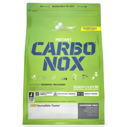 Olimp Carbo NOX 1 kg -hiilihydraattijauhe vihreässä pussissa sinisillä teksteillä ja yksityiskohdilla.
