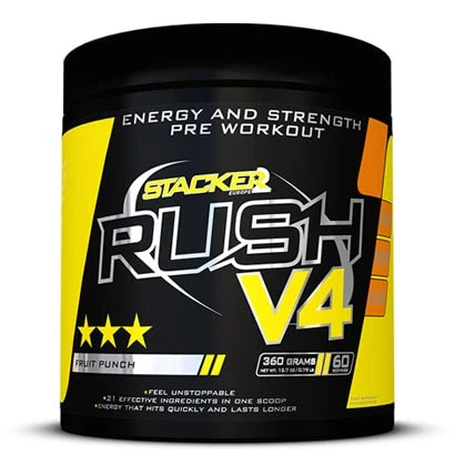 Stacker2 Rush V4 360 g -pre-workout-jauhe mustassa purkissa keltaisilla yksityiskohdilla, makuna Fruit Punch., kuva 2/2