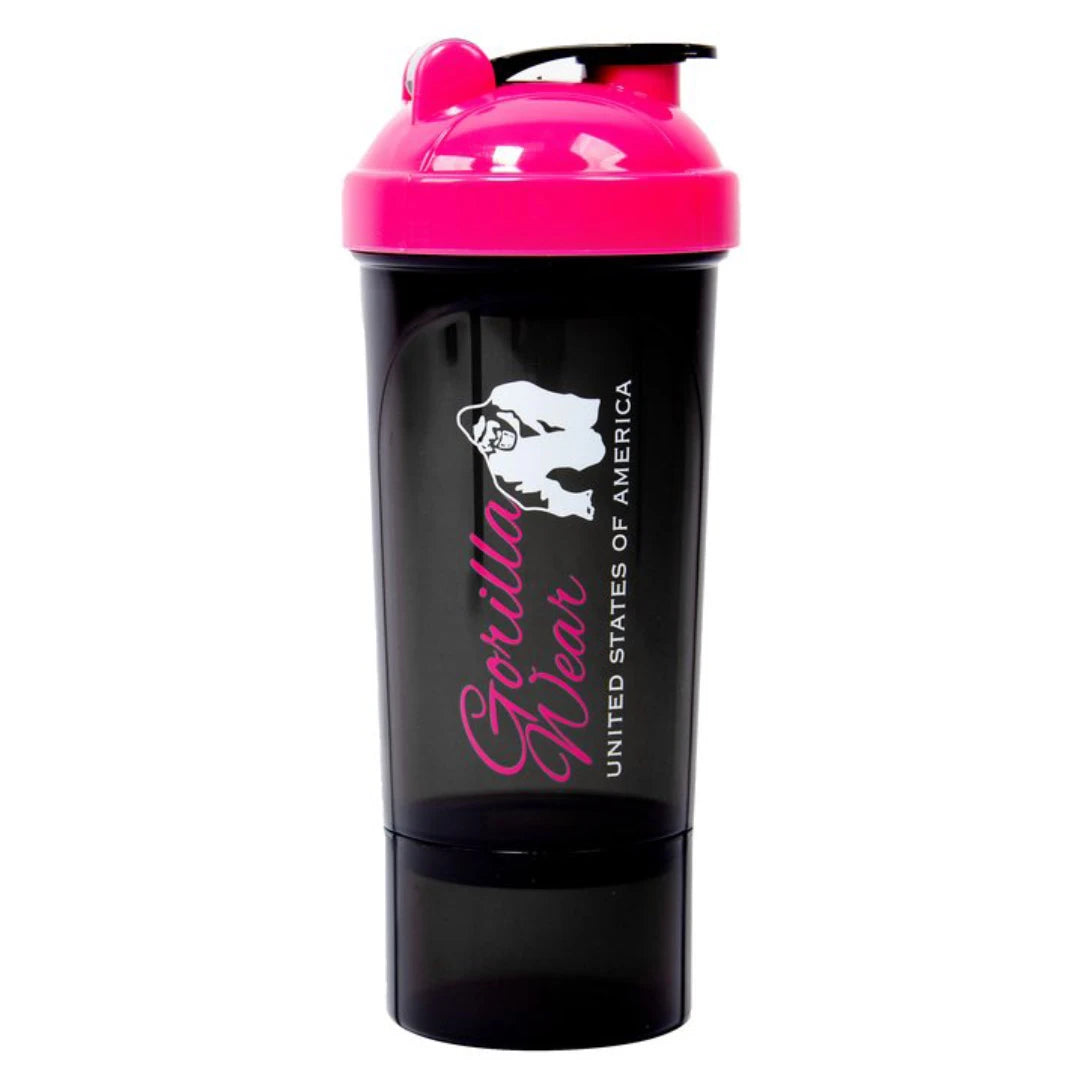 Musta muovinen Gorilla Wear Compact Shaker Black & Pink pinkillä kannella ja erillisellä säiliöllä pohjassa.