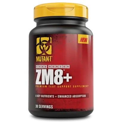 Mutant Nutrition ZM8+ 90 caps ZMA-ravintolisä mustassa purkissa, jossa on keltainen kansi ja punainen etiketti., kuva 1/1
