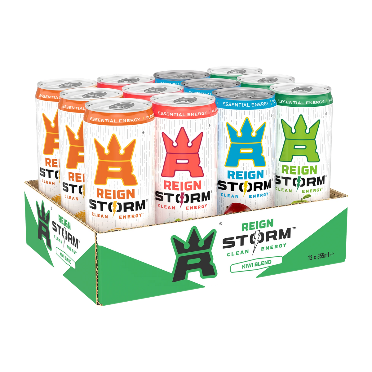 12 x Reign Storm Energy 355 ml Mixflak vihreä-valkoisessa pahvialustassa, jossa on erivärisiä tölkkejä eri mauilla.