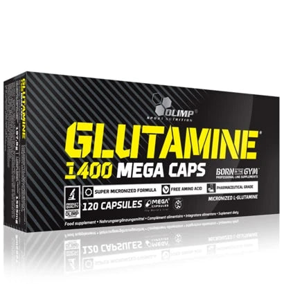 Olimp Glutamine 1400 Mega caps 120 caps -aminohappokapselit mustassa pakkauksessa, jossa on keltainen teksti., kuva 1/1