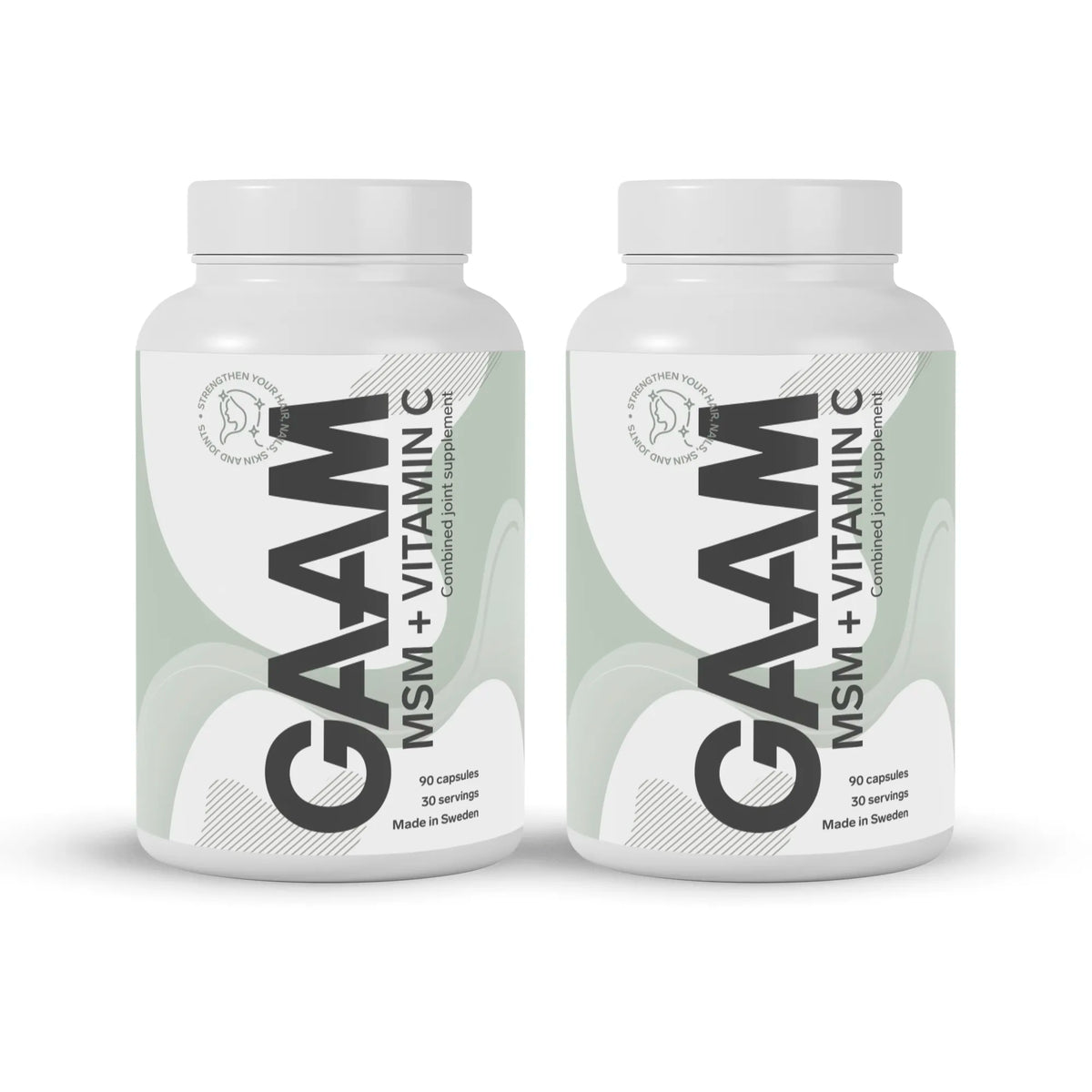 2 x GAAM MSM + Vitamin C 90 caps kahdessa valkoisessa purkissa vaaleanvihreillä ja tummanharmailla yksityiskohdilla.