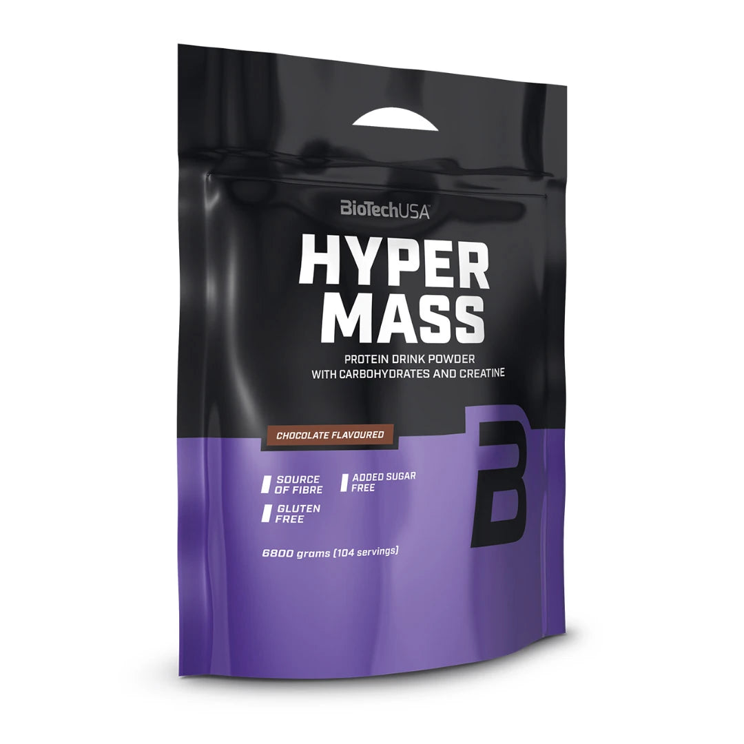 BioTechUSA Hyper Mass 6.8 kg -massanlisääjäjauhe mustassa ja liilassa pussissa, makuna suklaa., kuva 1/1
