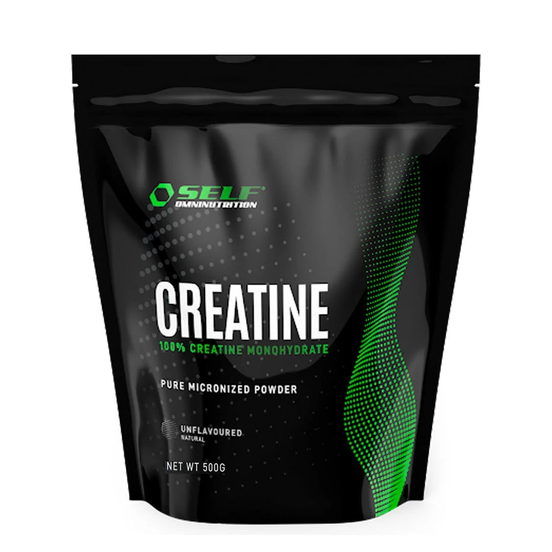Self Omninutrition Creatine 500 g -kreatiinijauhe mustassa pussissa vihreillä yksityiskohdilla, makuna maustamaton., kuva 1/1