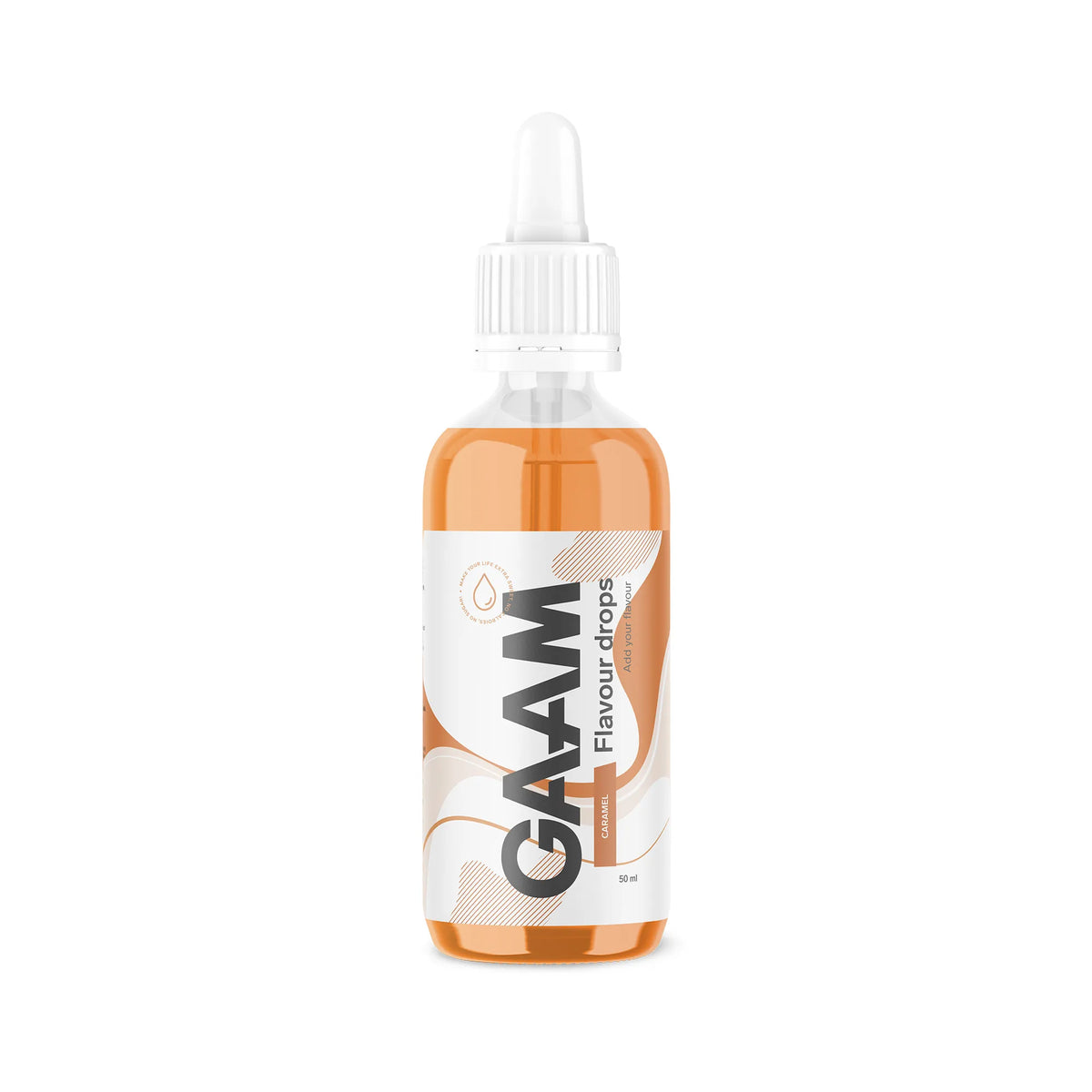 GAAM Flavour drops 50 ml -makutipat läpinäkyvässä pullossa valkoisella pipetillä, makuna Caramel., kuva 1/1