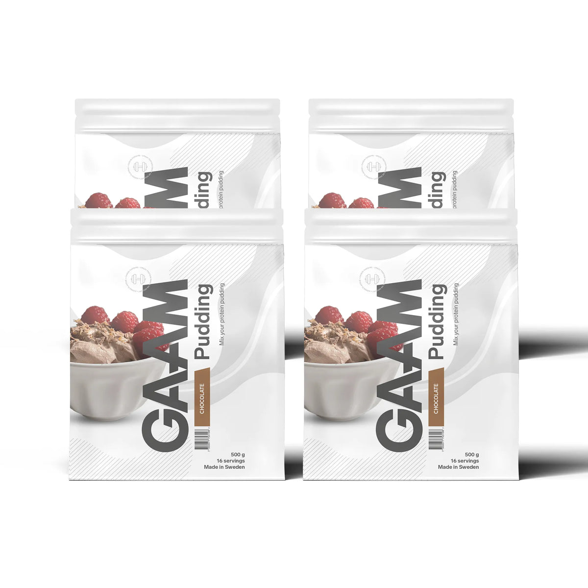 4 x GAAM Pudding 500 g valkoisissa pusseissa, joissa on kuva kermaisesta suklaavanukkaasta ja vadelmista, makuna suklaa., kuva 1/1