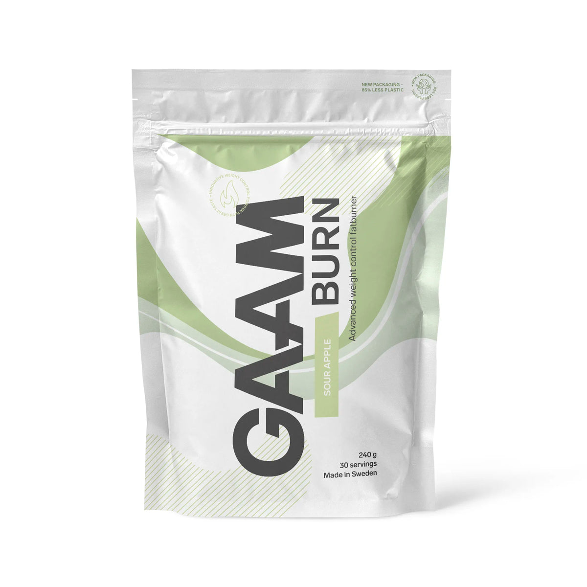 GAAM Burn 240 g pulver i en vit påse med ljusgröna detaljer för smaken Sour Apple., bild 6 av 7
