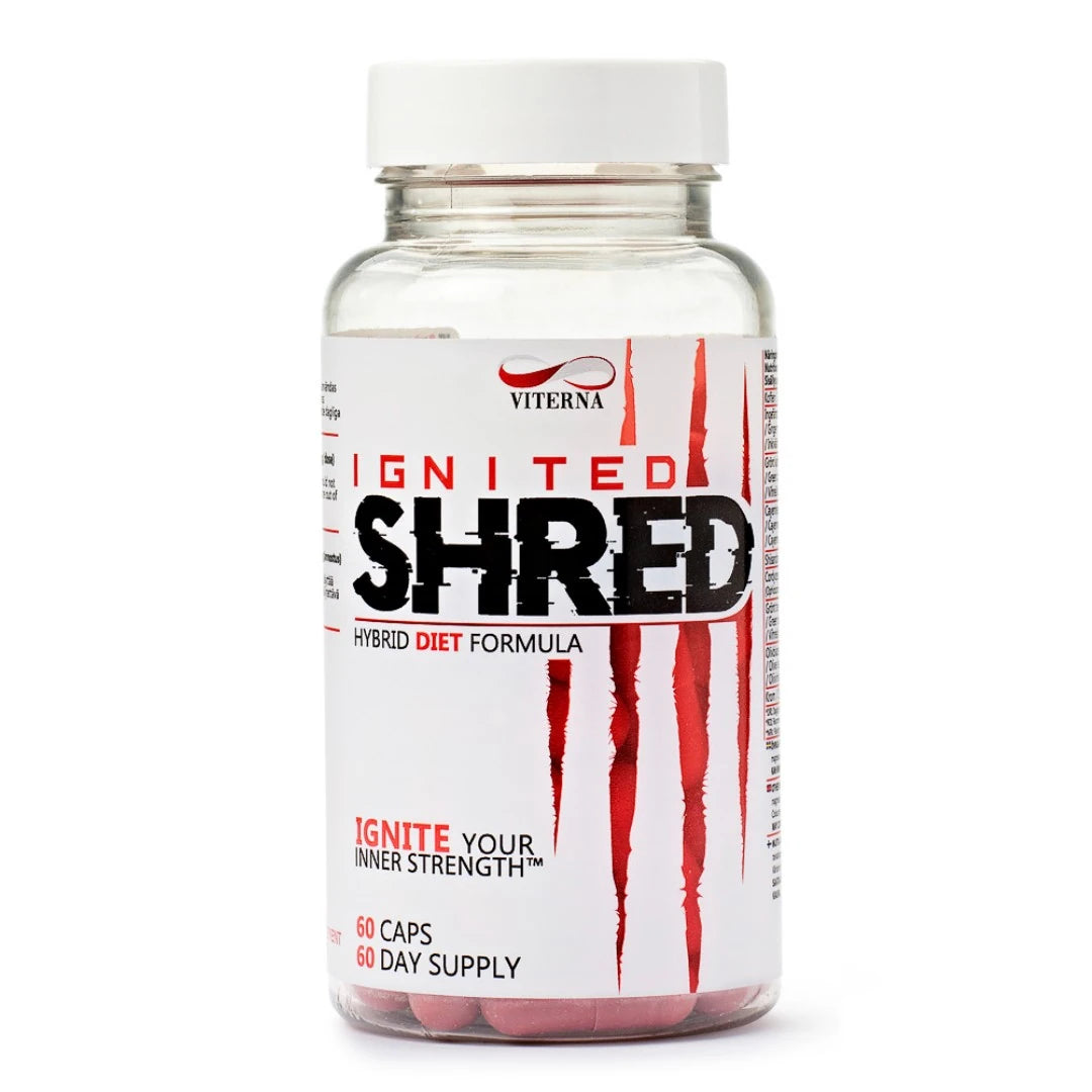 Viterna Ignited Shred 60 caps -rasvanpolttaja läpinäkyvässä purkissa valkoisella etiketillä ja punaisilla yksityiskohdilla., kuva 1/1