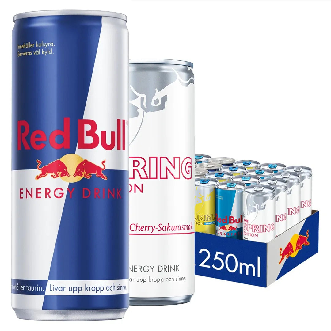 24 x Red Bull Energiajuoma 250 ml -sekalava, jossa on kaksi tölkkiä sinisen, eri makuja sisältävän laatikon edessä., kuva 1/1