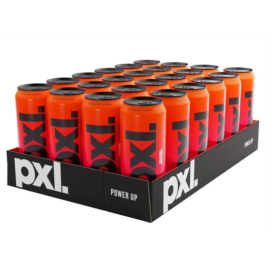 24 x PXL Energy 500 ml Rage Meter energidryck i ett svart flak med orangea och rosa burkar., bild 1 av 1
