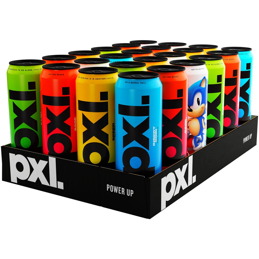 24 x PXL Energy 500 ml Mixflak mustassa laatikossa, jossa on värikkäitä erimakuisia energiajuomatölkkejä., kuva 1/1