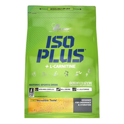 Olimp Iso Plus 1.5 kg -isotoninen urheilujuomajauhe vaaleanvihreässä pussissa sinisellä tekstillä.