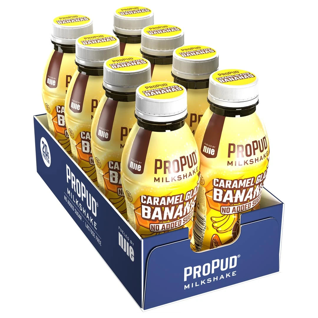 8 x NJIE ProPud Protein Milkshake 330 ml Caramel Glazed Bananas i ett mörkblått flak med gula flaskor., bild 1 av 1