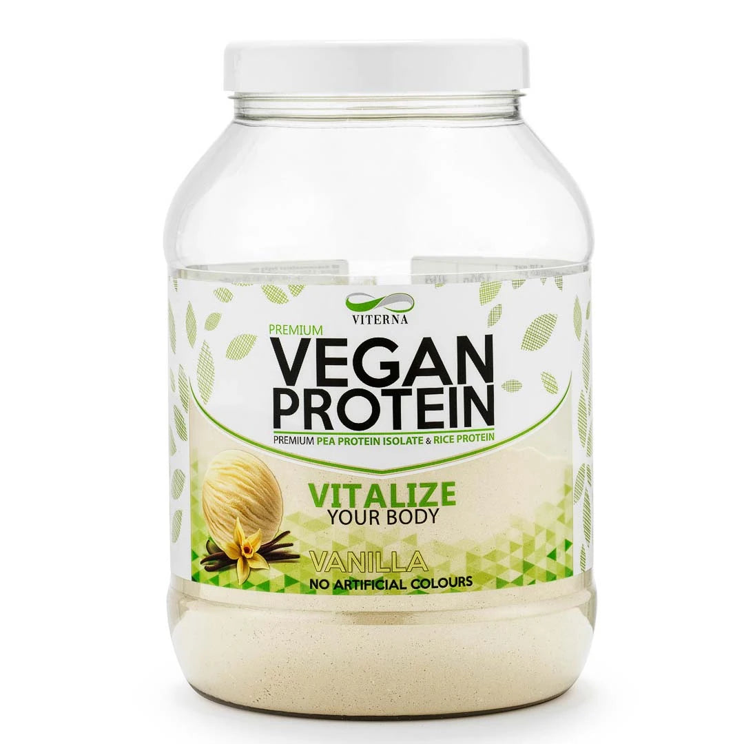 Viterna Vegan Protein 900 g -proteiinijauhe läpinäkyvässä purkissa vihreillä yksityiskohdilla, makuna Vanilla., kuva 1/2
