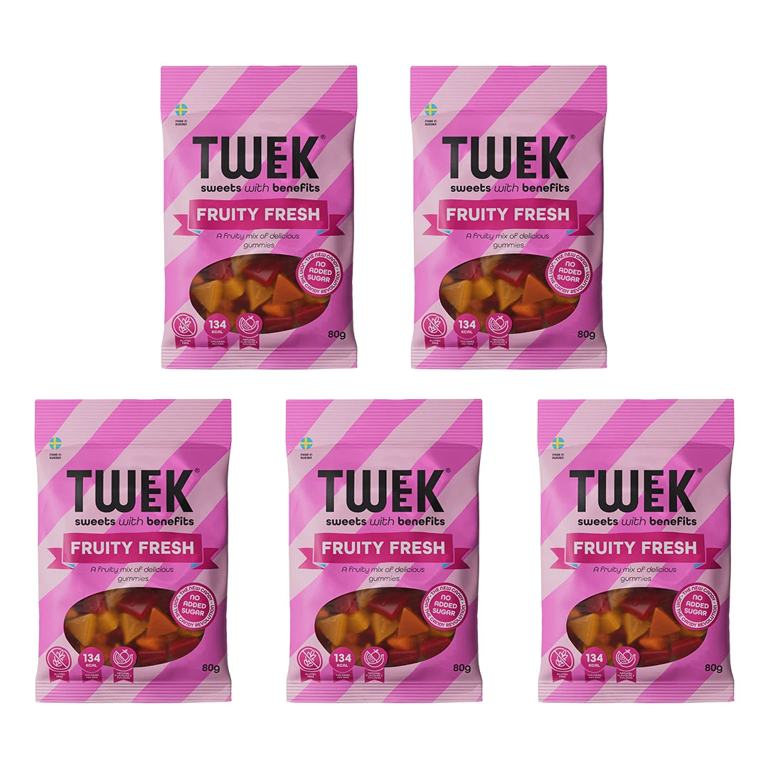 5 x Tweek Sweets 80 g Fruity Fresh vaaleanpunaisia karkkipusseja, joiden ikkunasta näkyy värikkäitä hedelmäkarkkeja., kuva 1/1