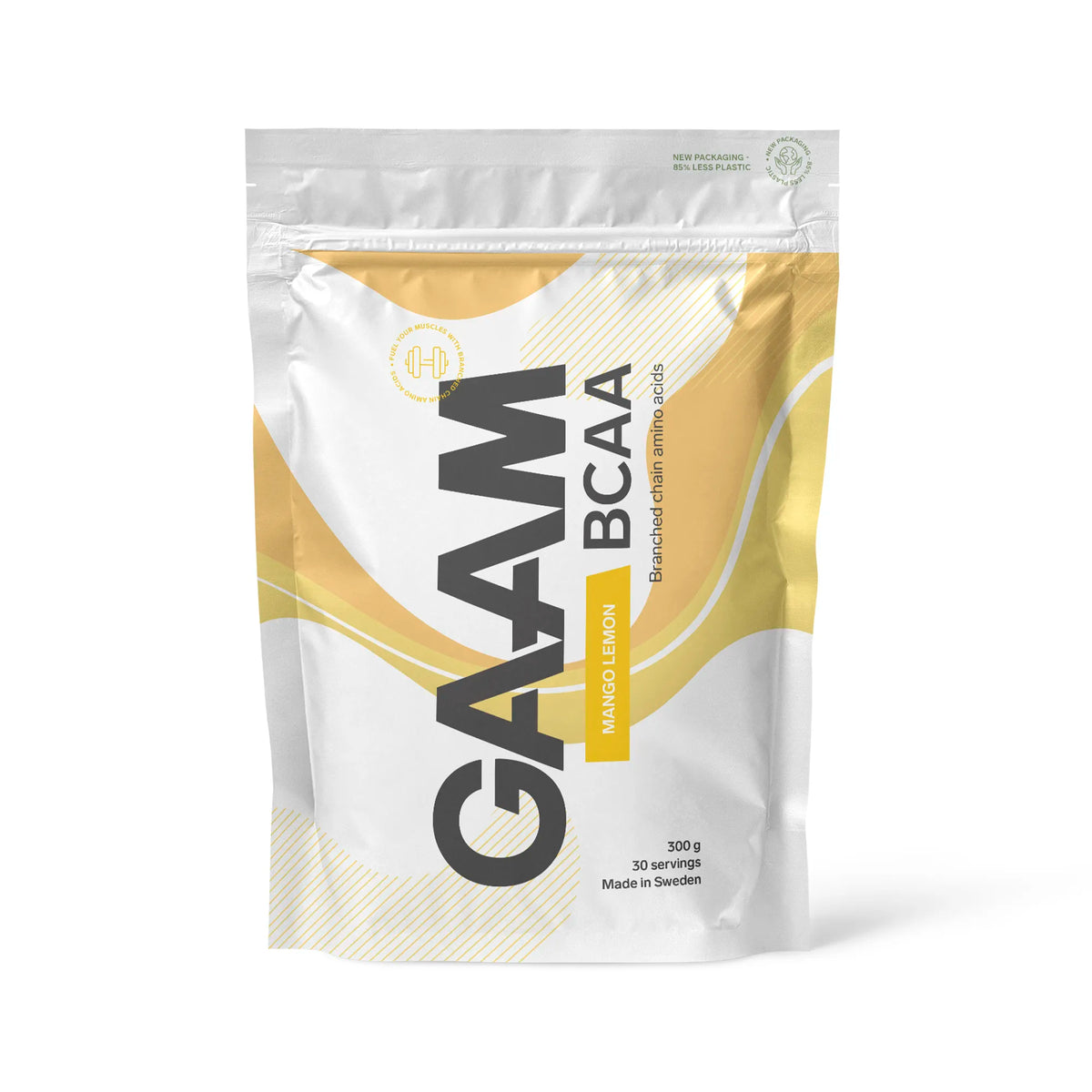 GAAM BCAA 300 g -aminohapot valkoisessa pussissa keltaisilla yksityiskohdilla, makuna Mango Lemon., kuva 3/9