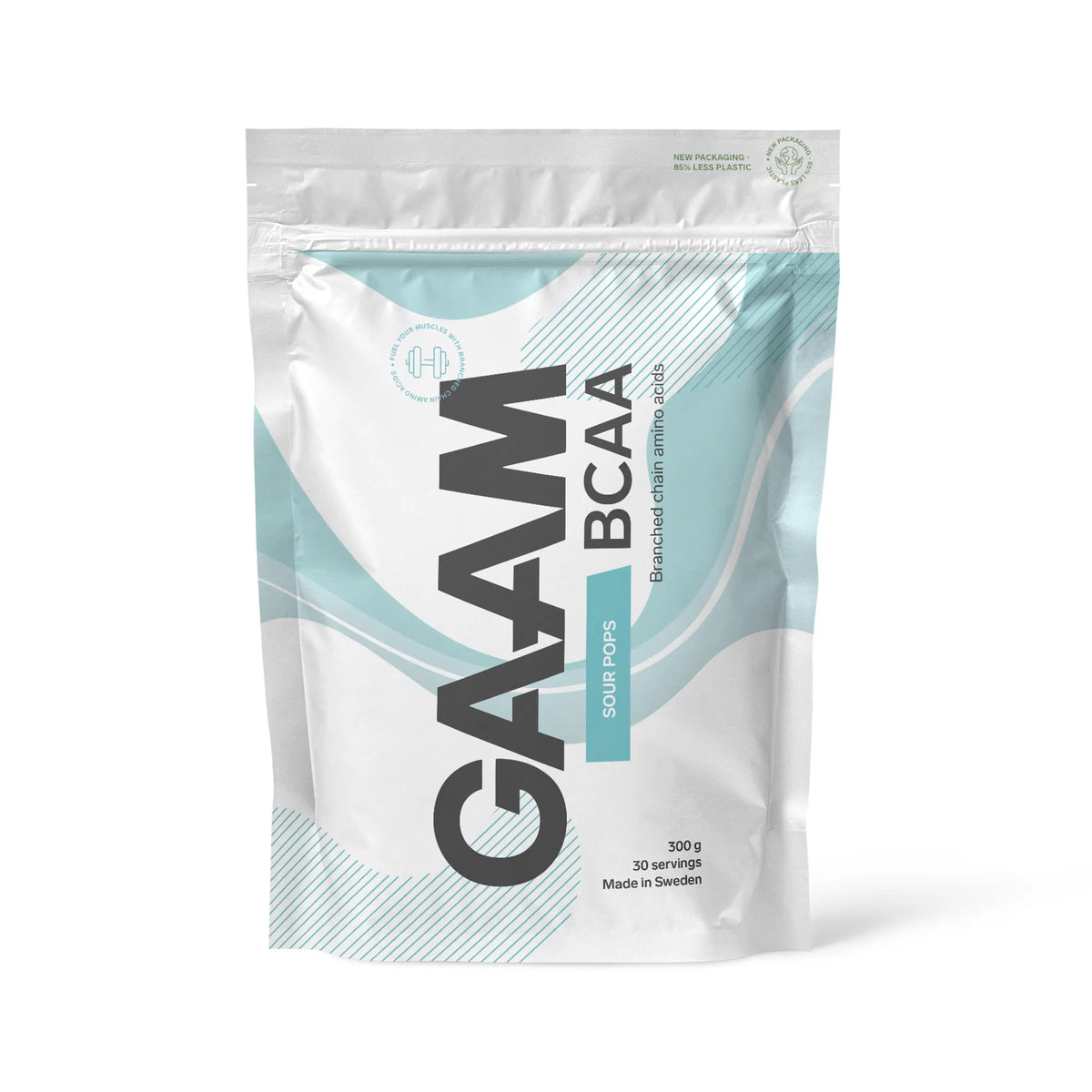GAAM BCAA 300 g -aminohappojauhe valkoisessa pussissa vaaleansinisillä yksityiskohdilla, makuna Sour Pops., kuva 4/9