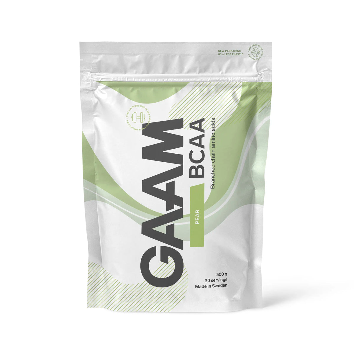 GAAM BCAA 300 g -aminohapot valkoisessa pussissa vaaleanvihreillä yksityiskohdilla, makuna Pear., kuva 5/9