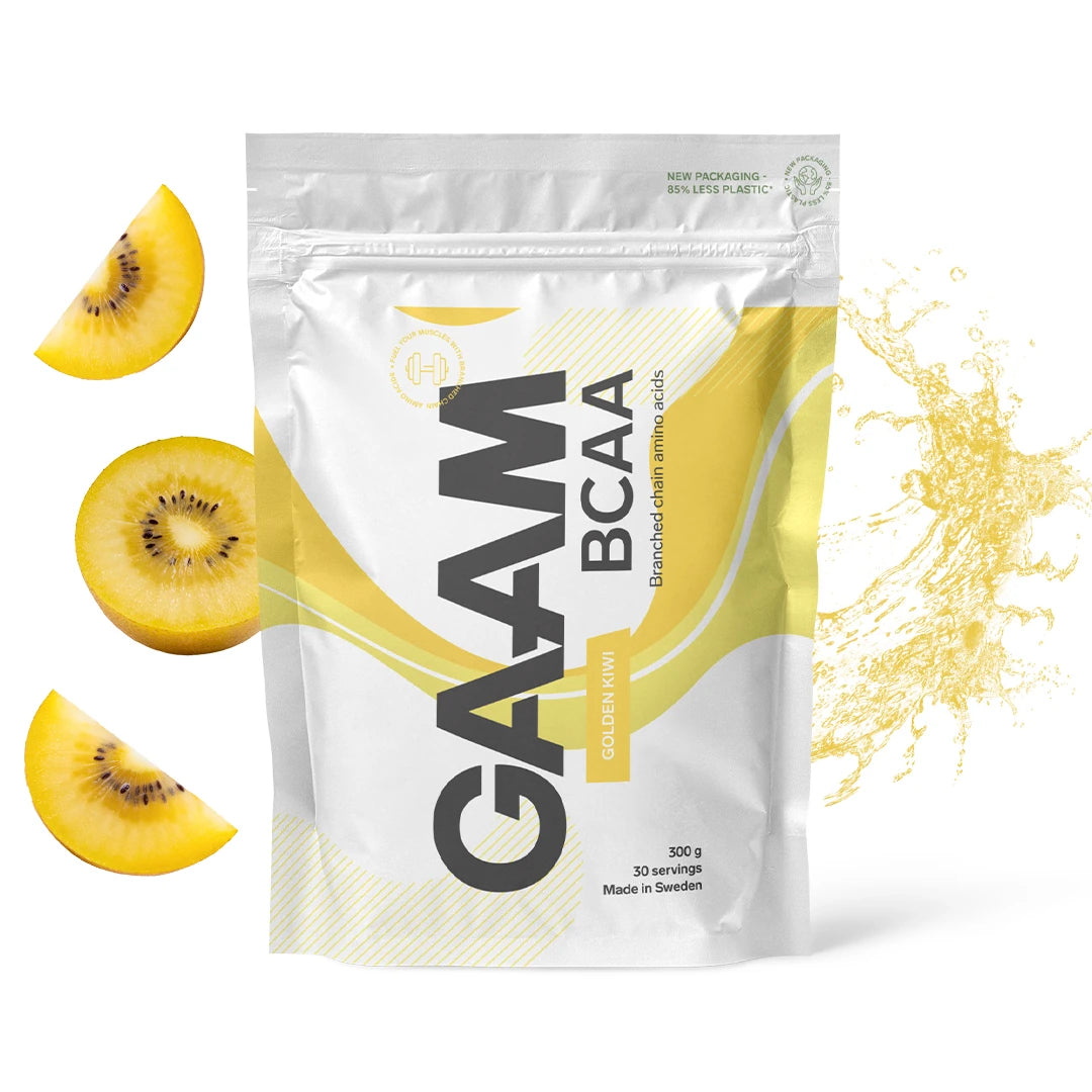 GAAM BCAA 300 g -aminohapot makuna Golden Kiwi, valkoisessa pussissa keltaisilla yksityiskohdilla., kuva 9/9