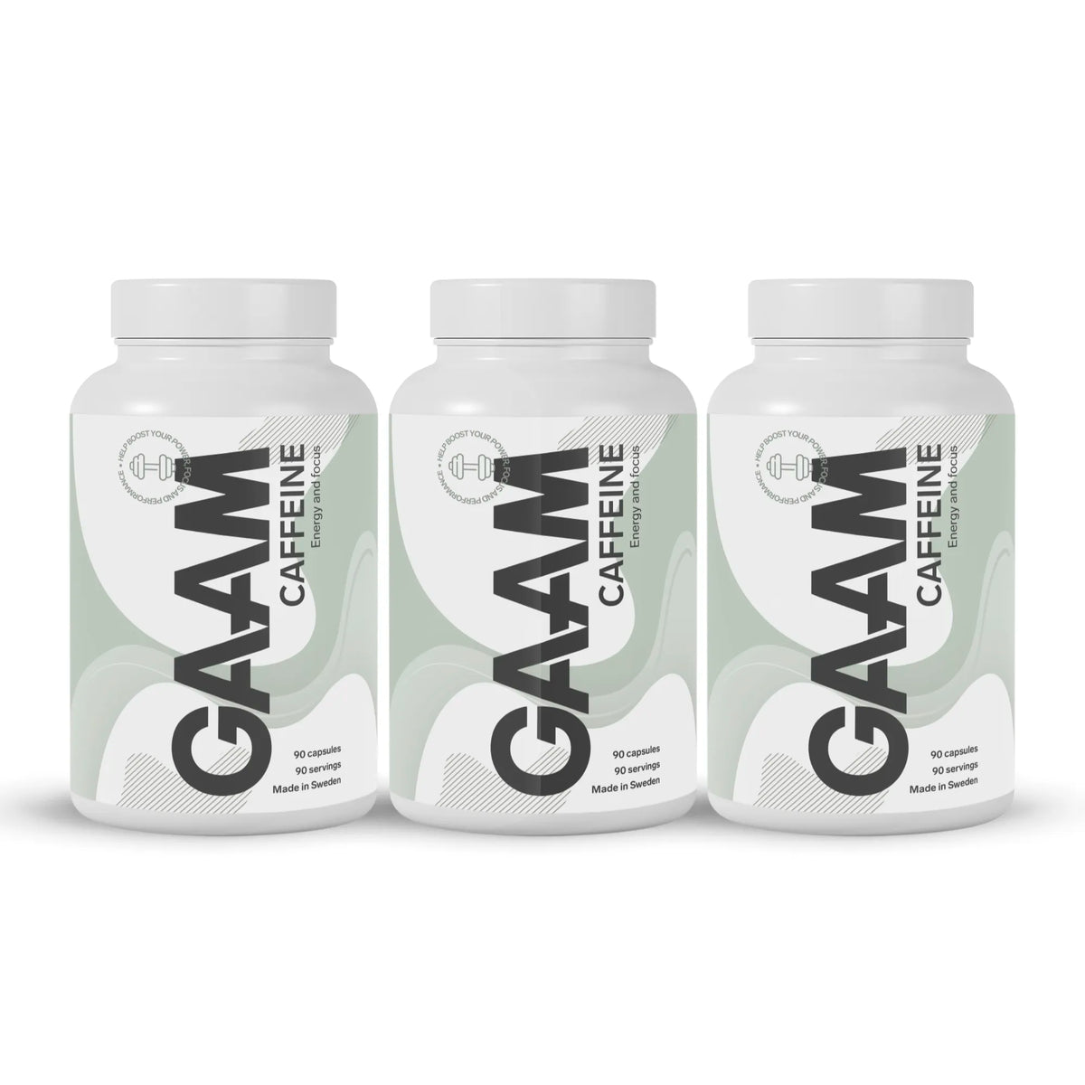 3 x GAAM Caffeine 90 tabs kolmessa valkoisessa purkissa mustilla kirjaimilla ja vihreänsävyisillä kuvioilla.