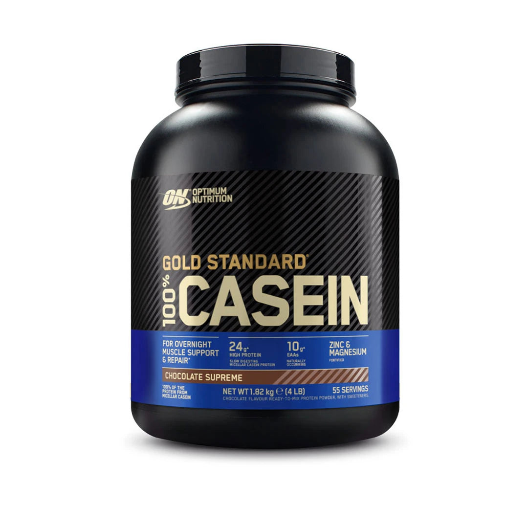 Optimum Nutrition 100% Casein Gold Standard 1,8 kg mustassa purkissa sinisillä yksityiskohdilla, makuna Chocolate Supreme., kuva 1/2