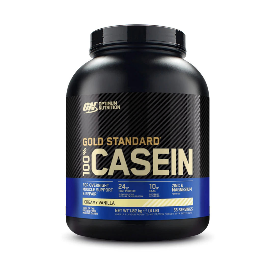 Optimum Nutrition 100% Casein Gold Standard 1,8 kg -proteiinijauhe musta-sinisessä purkissa, makuna Creamy Vanilla.