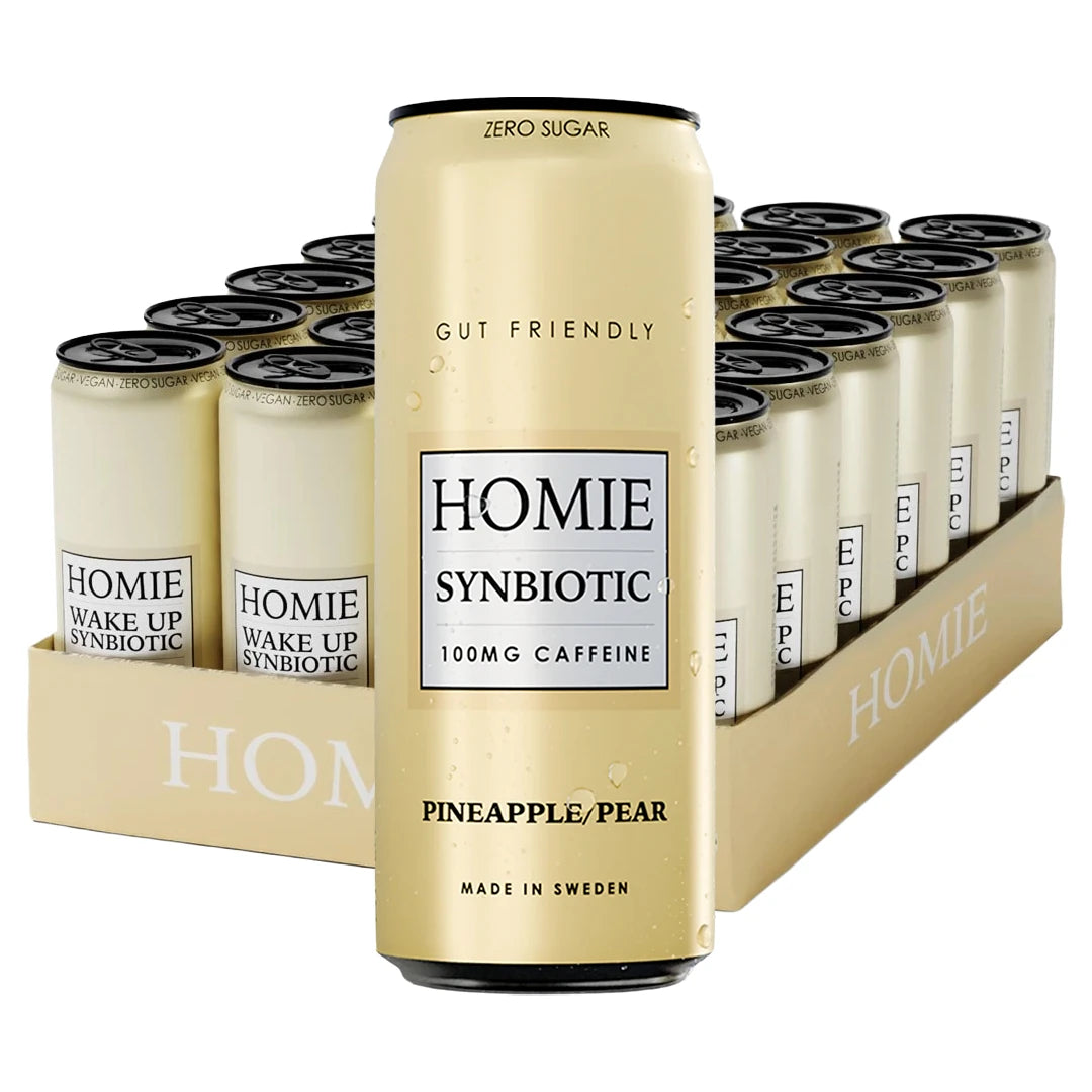 24 x Homie Wake Up Synbiotic 330 ml Pineapple Pear beigessä laatikossa, jossa on vaaleankeltaisia tölkkejä., kuva 1/1