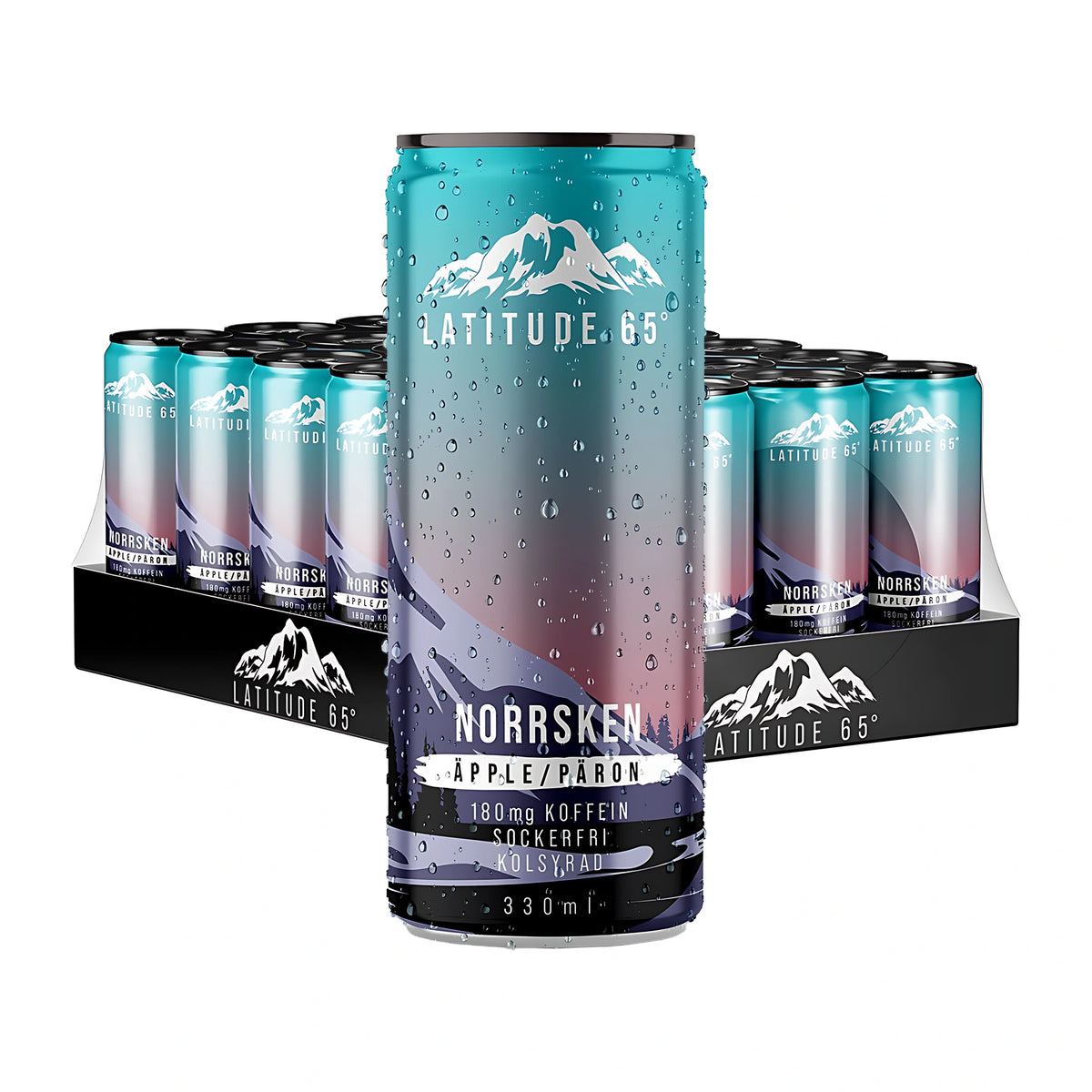 24 x Latitude 65 330 ml Norrsken - Omena &amp; Päärynä 24 tölkin lavassa ja edessä pisaroiva tölkki turkoosin ja lilan sävyissä tunturikuviolla., kuva 1/1