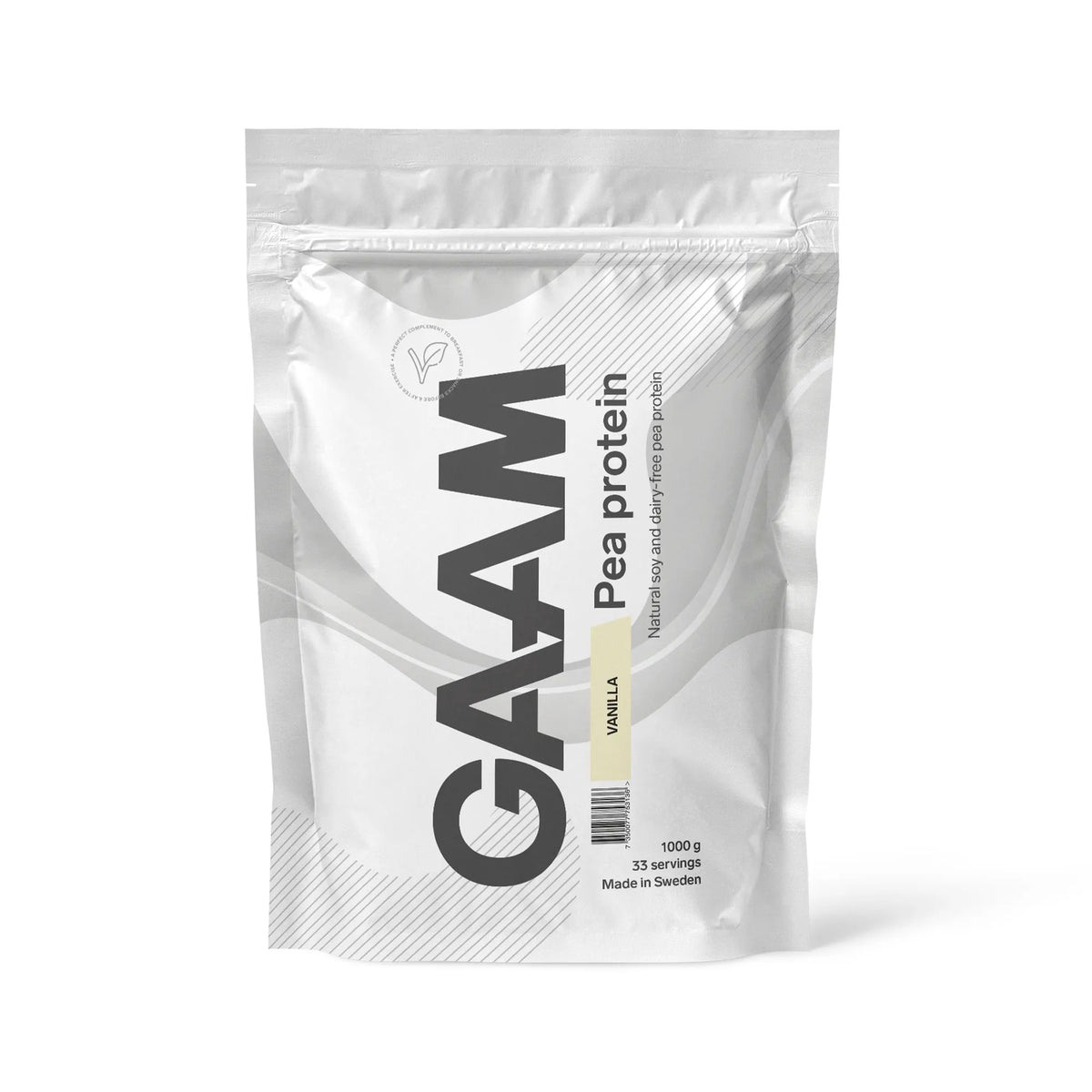 GAAM Pea Protein 1 kg -vegaaninen proteiinijauhe valkoisessa pussissa, makuna vanilja.