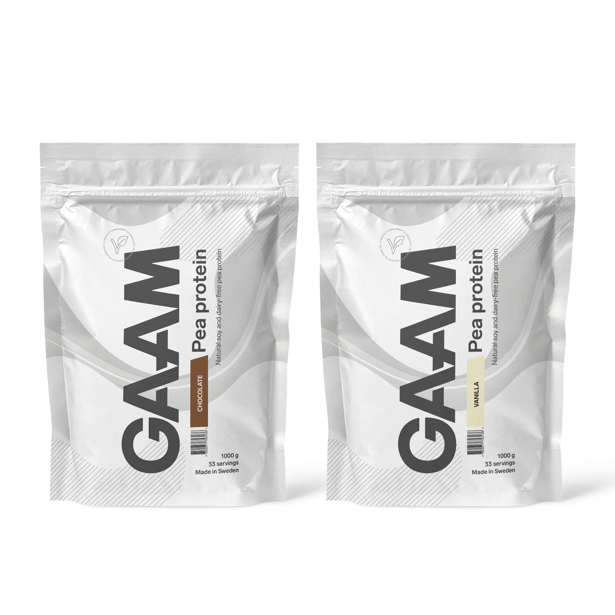 2 x GAAM Pea Protein 1 kg veganskt proteinpulver i två vita påsar för smakerna Chocolate och Vanilla., bild 1 av 1