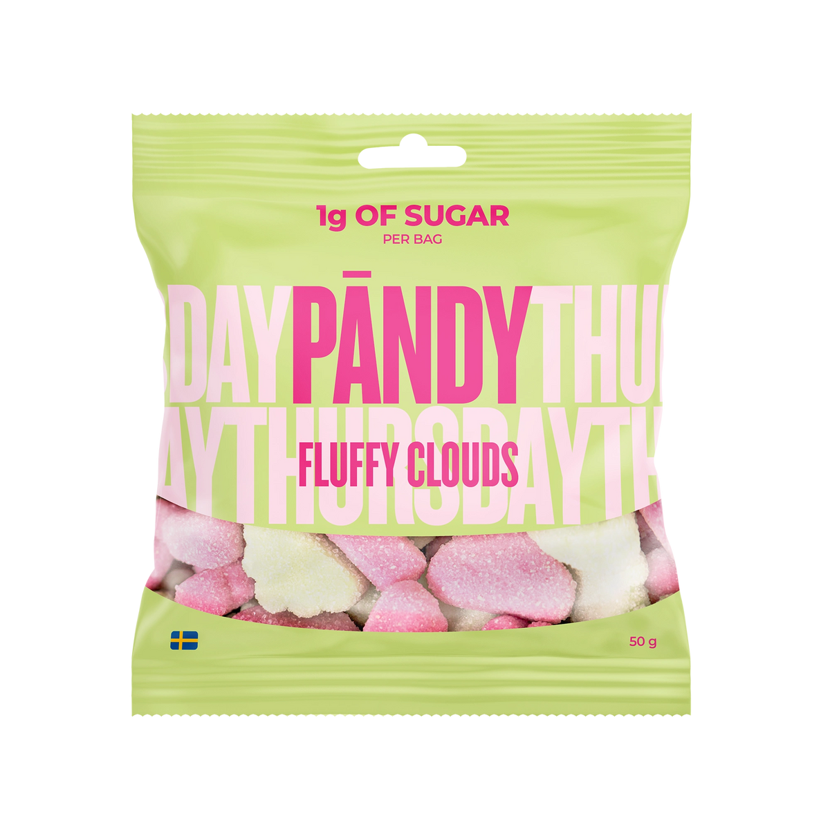 Pändy Candy 50 g Fluffy Clouds -vaahtokarkkeja vaaleanvihreässä pussissa pinkillä tekstillä, makuna ahomansikka ja omena., kuva 1/1
