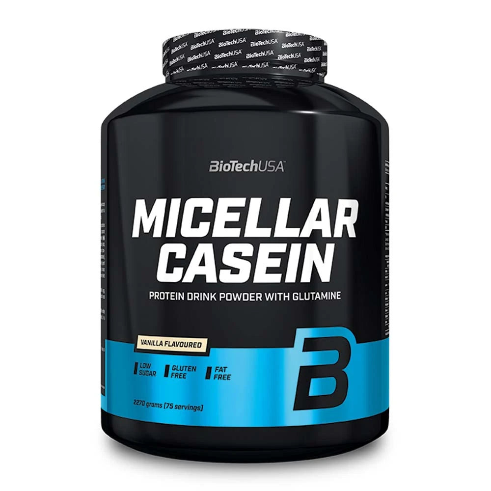 BioTechUSA Micellar Casein 2.27 kg -kaseiiniproteiini mustassa purkissa sinisillä yksityiskohdilla, makuna Vanilla.