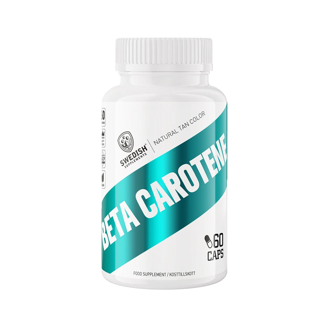 Swedish Supplements Beta Caroten 60 caps valkoisessa purkissa turkooseilla yksityiskohdilla., kuva 1/1
