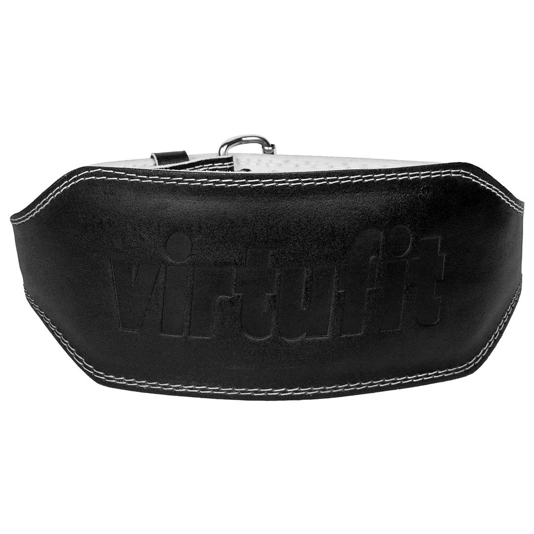 Musta nahkainen Virtufit Lifting Belt Pro Black -nostovyö valkoisilla tikkauksilla ja kohokuvioidulla logolla., kuva 1/2
