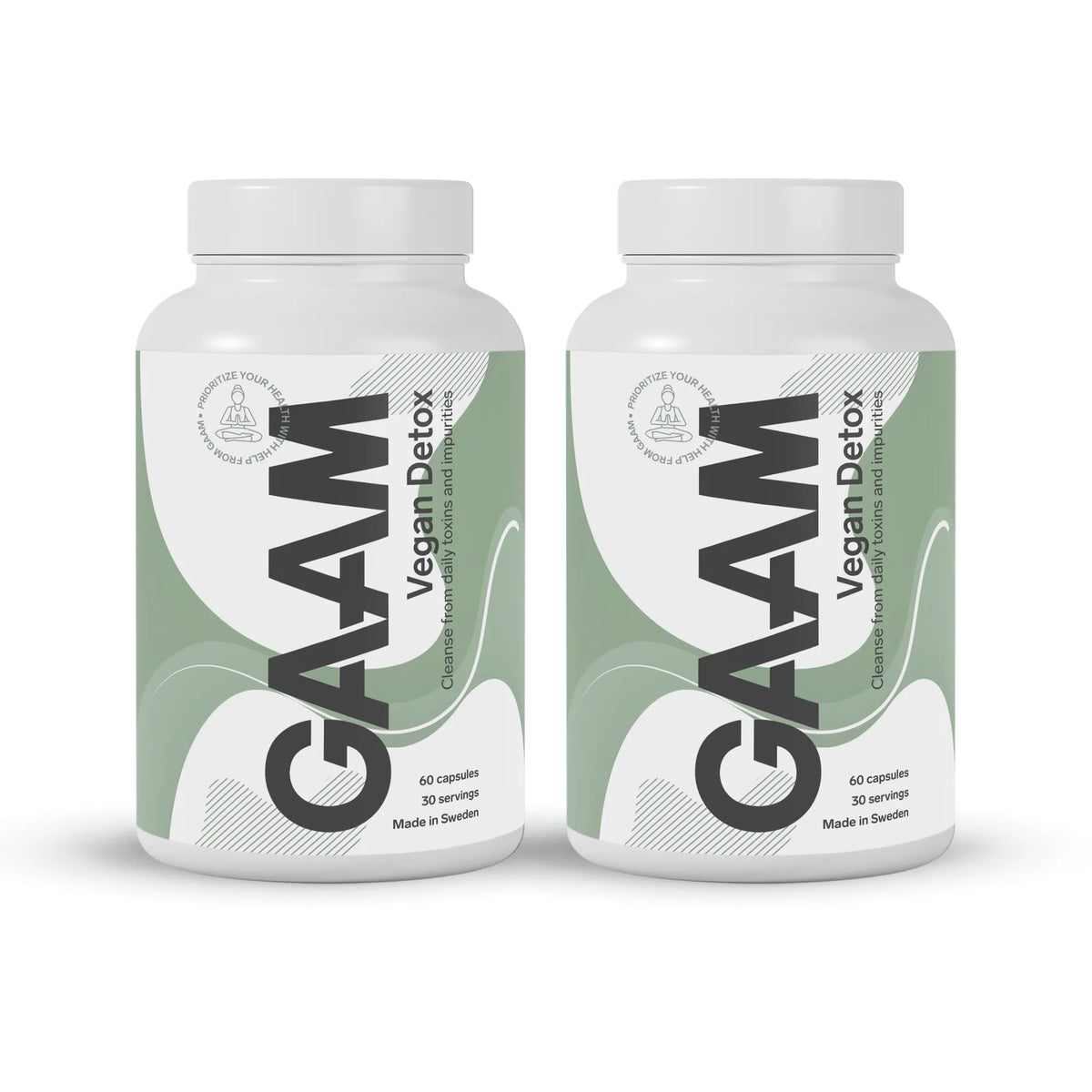 2 x GAAM Vegan Detox 60 caps kahdessa valkoisessa purkissa, joissa on vihreä kuvio ja musta teksti., kuva 1/1