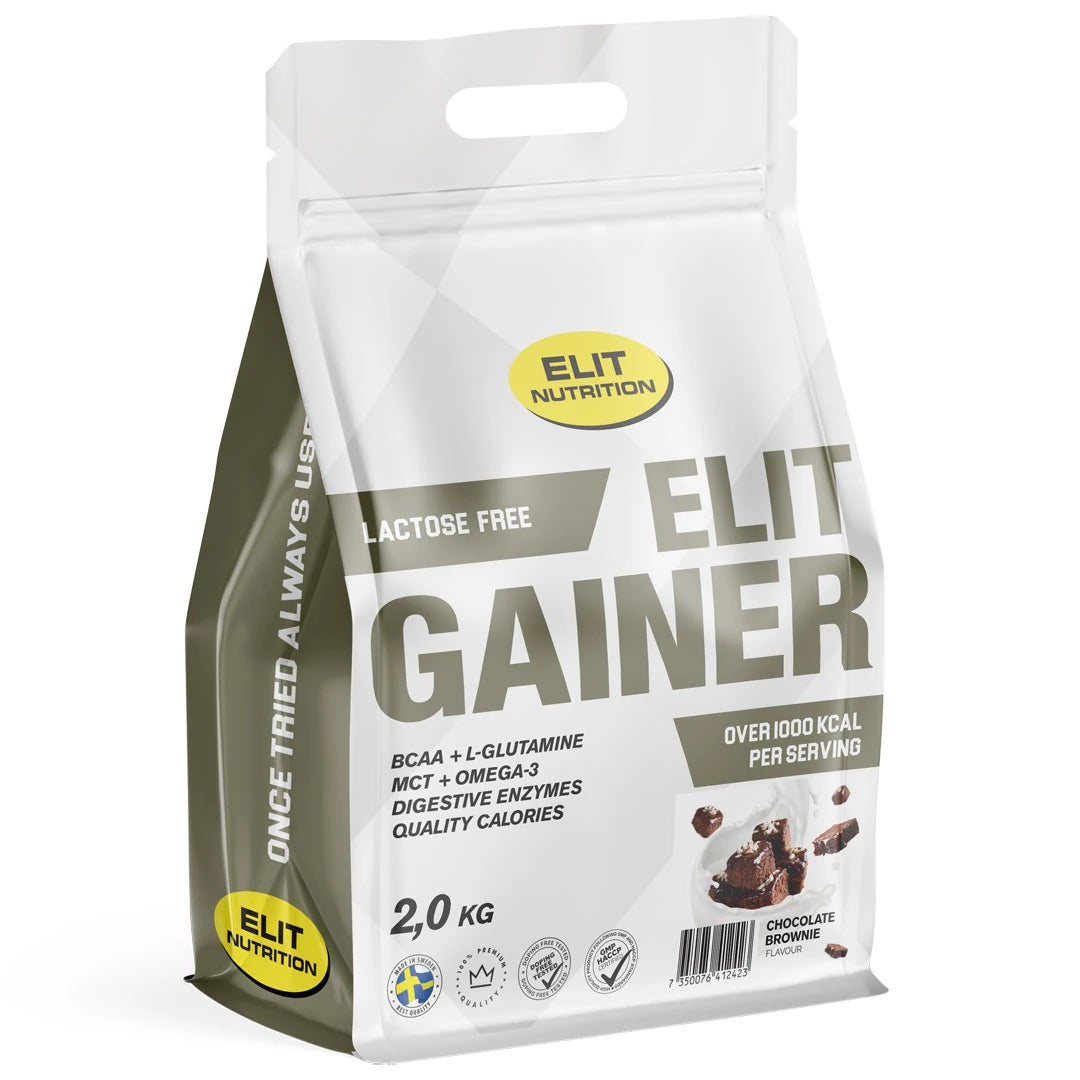 Elit Nutrition Gainer - Lactose Free 2 kg -jauhe valkoisessa pussissa, makuna Chocolate Brownie., kuva 1/1